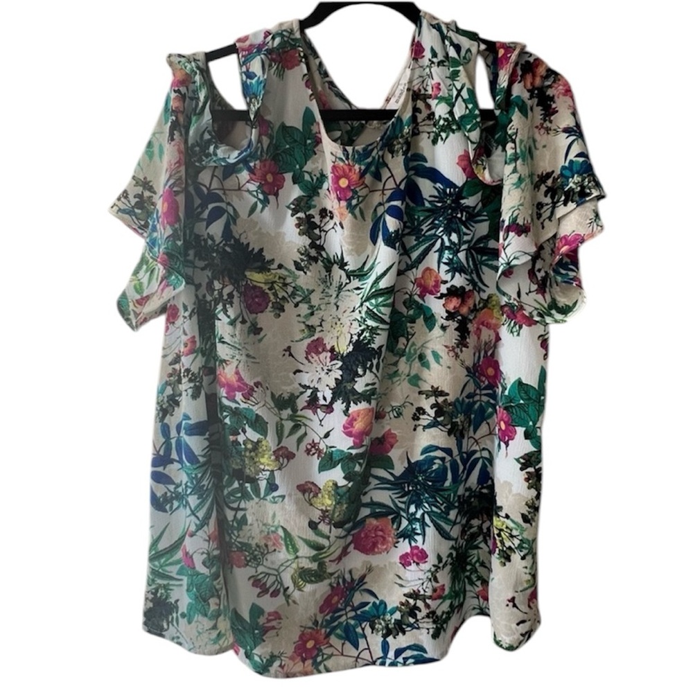 Mandee cold shoulder floral and white ruffle short sleeve blouse women’s 2XL
